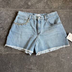 AREA Embellished Frayed Hem Denim Shorts